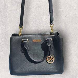 Michael Kors Sheila Medium Black Satchel Crossbody Handbag Purse Faux Leather